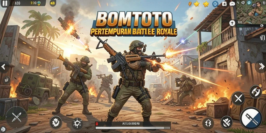 Tangkapan layar BOMTOTO menampilkan pertempuran intens dalam arena yang luas.