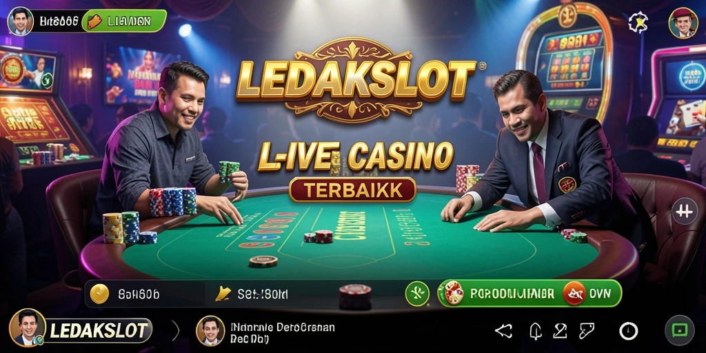 Tampilan gameplay LEDAKSLOT dengan dealer langsung dan suasana kasino yang hidup.