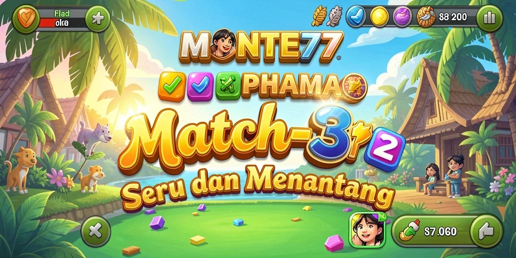 Screenshot gameplay <strong>MONTE77</strong> menampilkan kombinasi warna yang menarik di level Match-3.