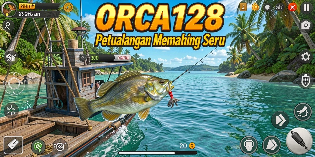 Screenshot gameplay <strong>ORCA128</strong> menampilkan momen memancing yang mendebarkan.