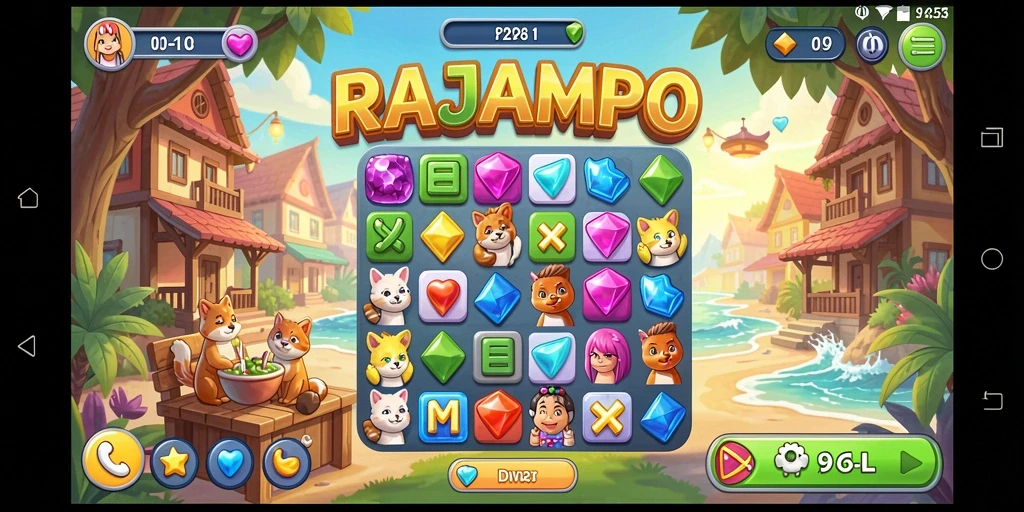 Tampilan gameplay RAJAMPO dengan elemen warna-warni yang seru.